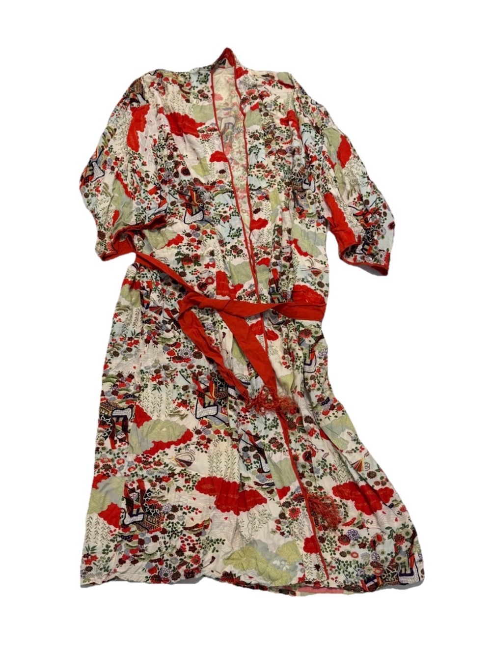 Vtg 1940s 50s Arldon Lingerie Kimono Robe Hand Printed Rayon Made in Japan Red